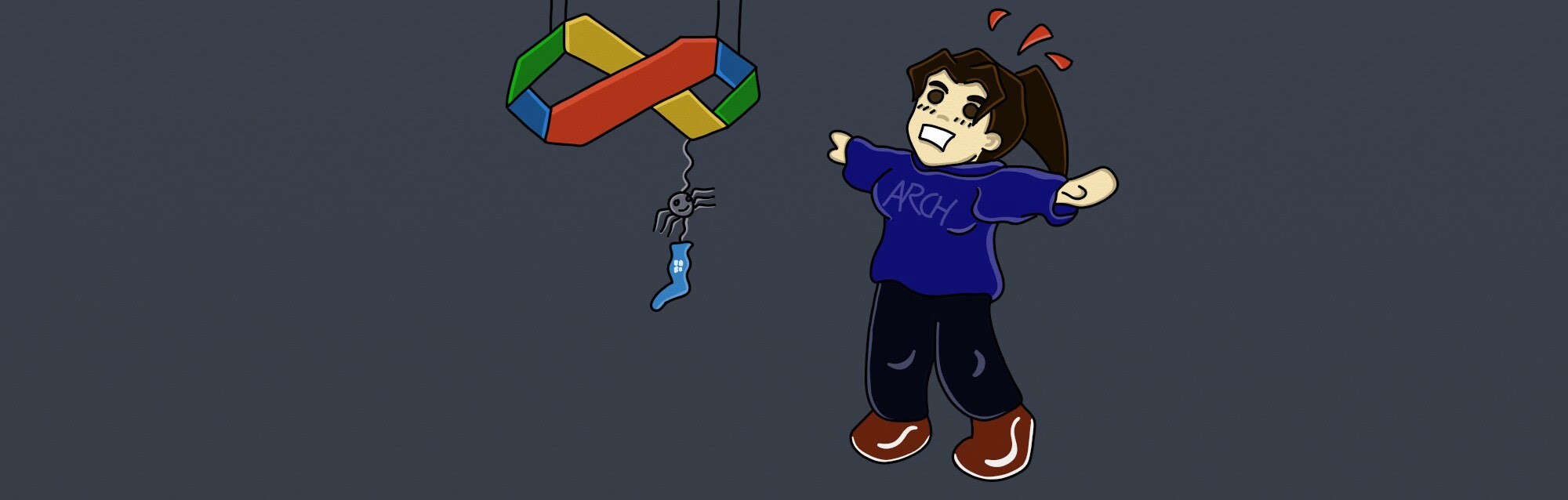 A self-portrait, looking at the old Visual Studio logo, whihc has a very happy spider